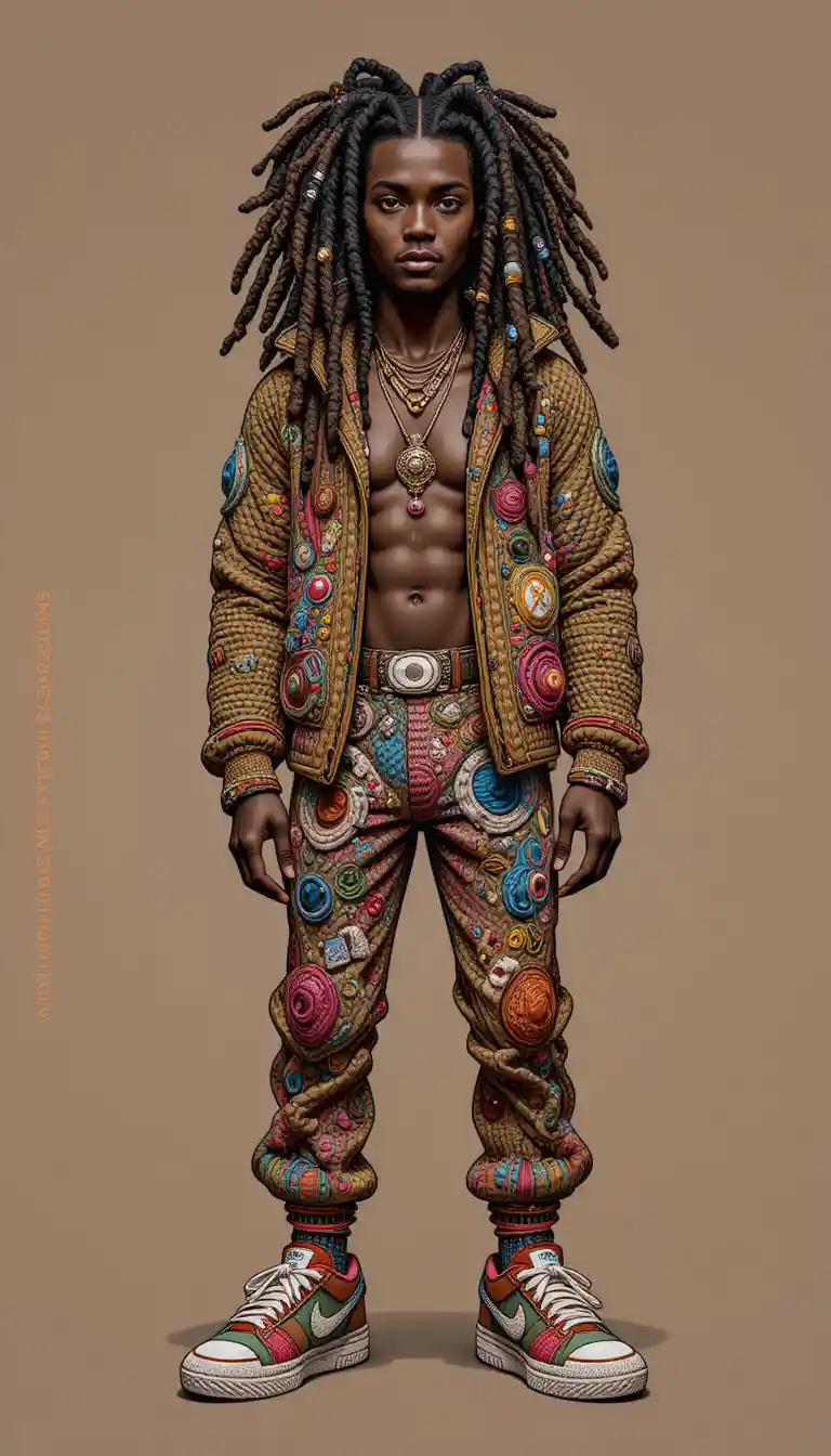 Afrofuturistischer Mann im von Häkelarbeit inspirierten Streetwear-Charakterdesign