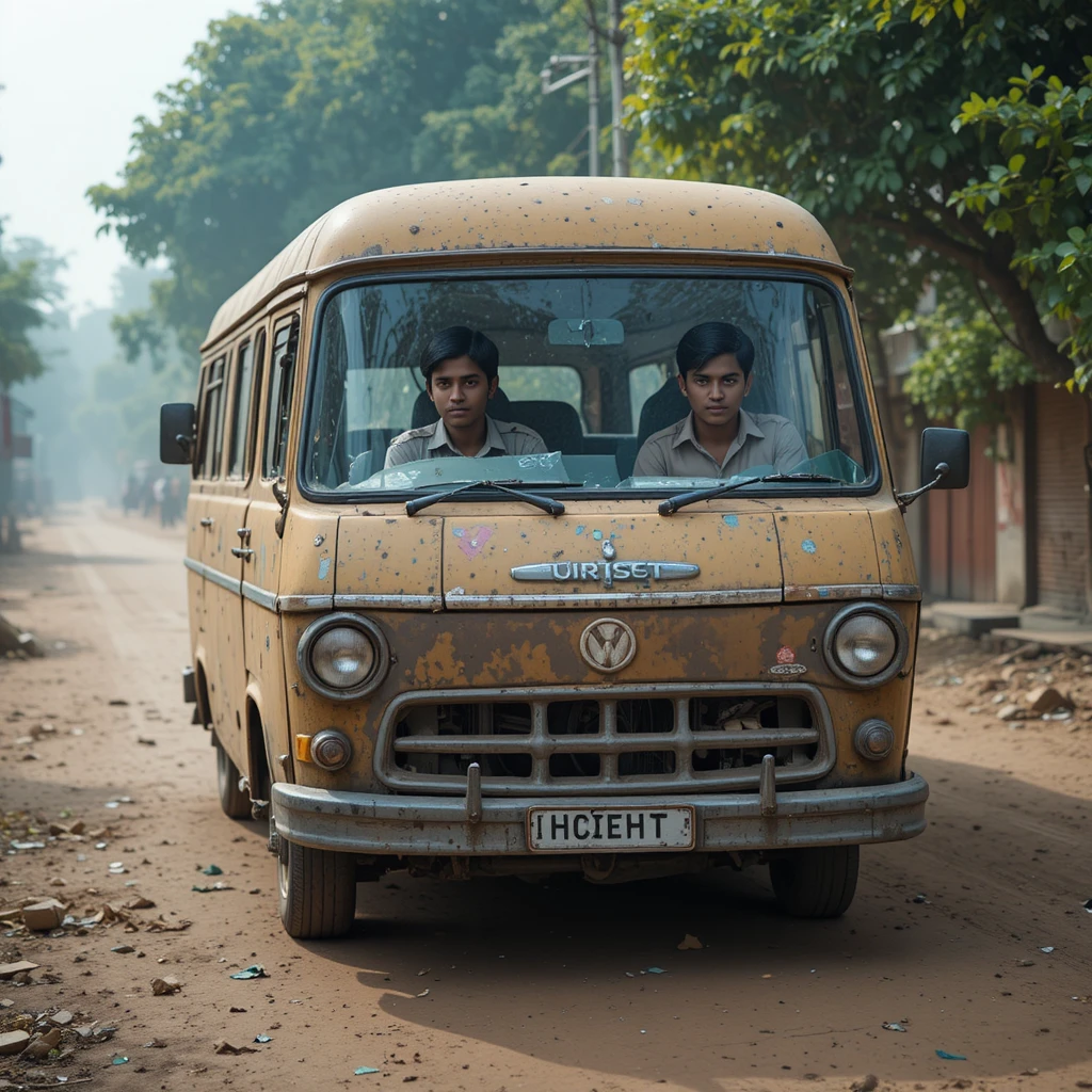 Kombi escolar retrô esperando barulhenta em uma rua silenciosa
