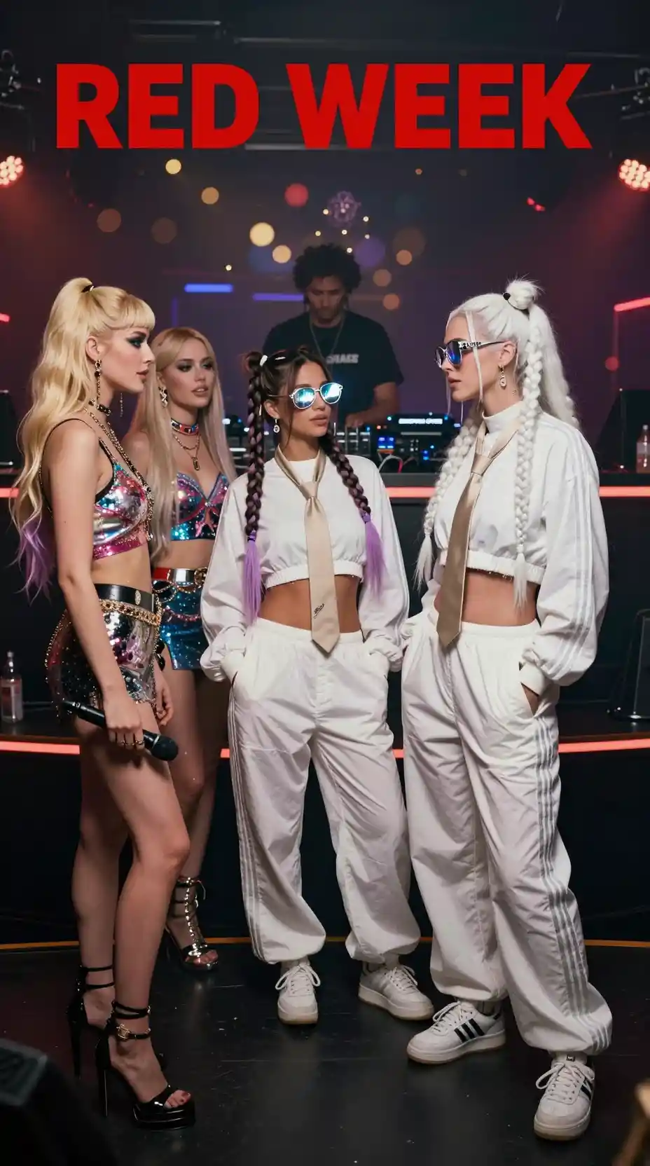 Mujeres a la moda hablando en el escenario de una discoteca vibrante