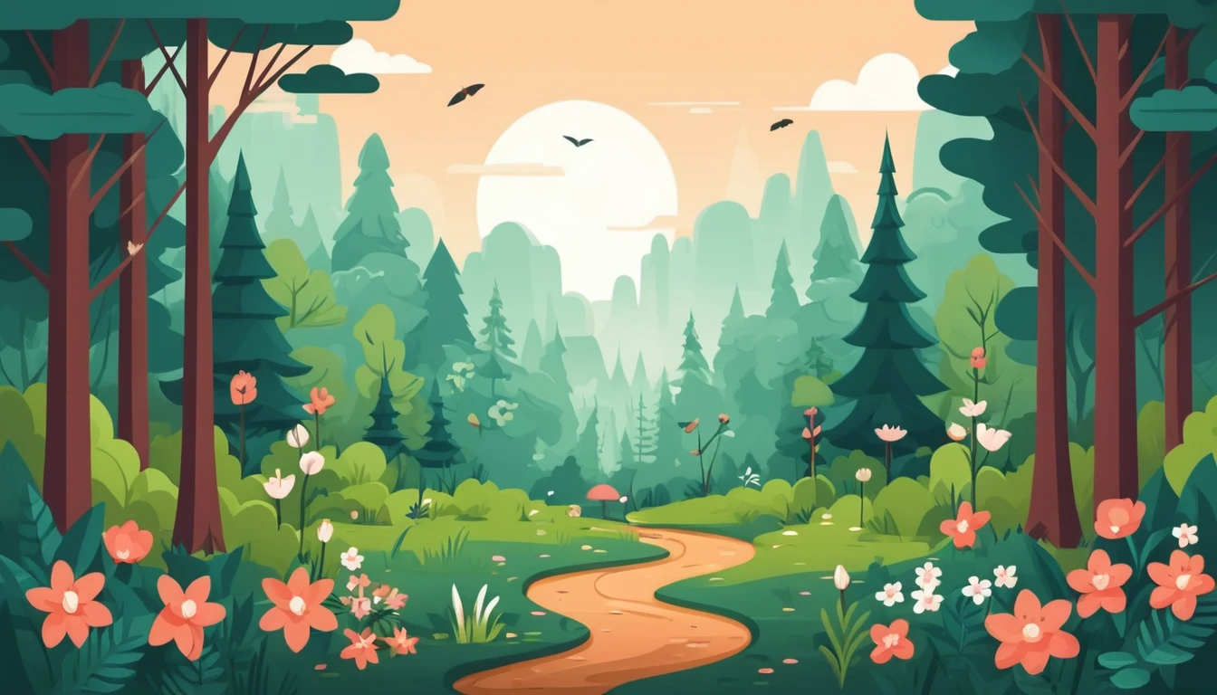 Flat design forest scene with squirrel and wildflowers