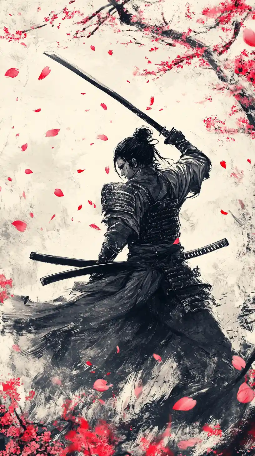 Samurai in meditazione con katana alzata tra i fiori di ciliegio
