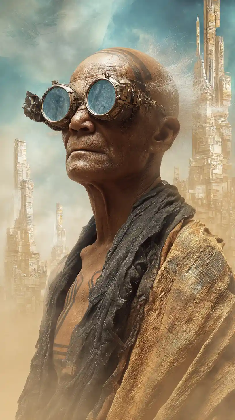 Bald old man in a post apocalyptic desert metropolis