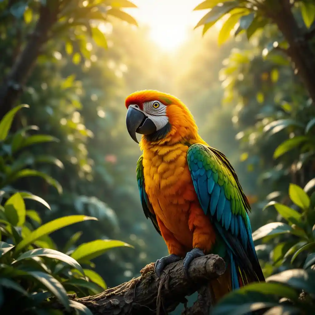 Colorful macaw in sunlight over lush Brazilian rainforest canopy