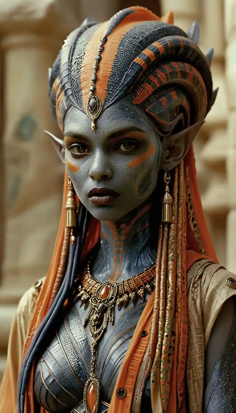Alien reptilian priestess in tribal sci fi ceremonial portrait