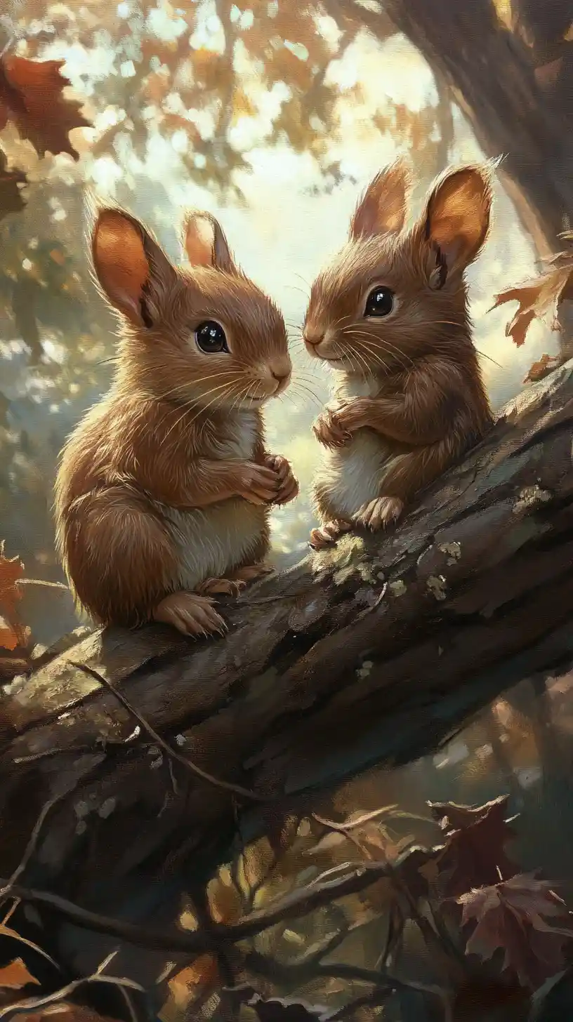 Zwei braune Eichhörnchen auf einem Ast in einem funkelnden Wald
