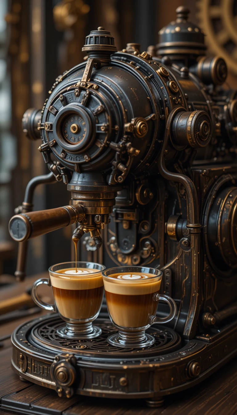 Machine à espresso steampunk avec latte art dans des tasses transparentes