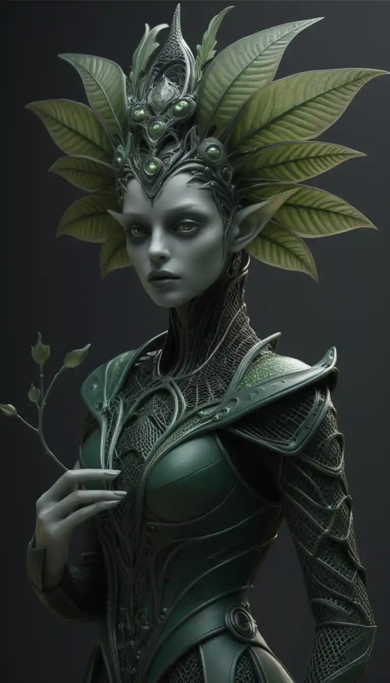 Alien fairy woman in biomechanical green organic armor portrait