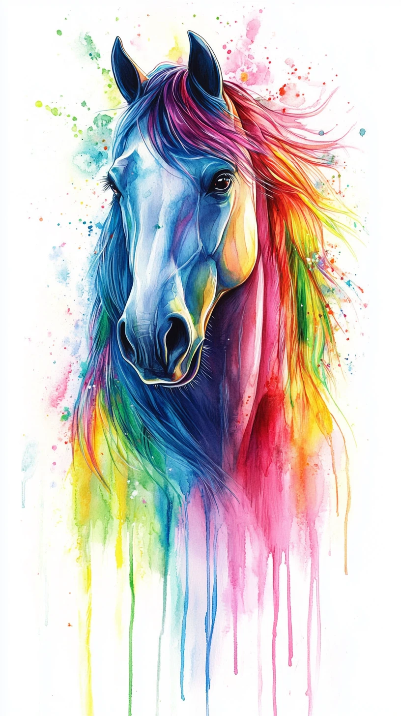 Majestic horse in rainbow light on a white background