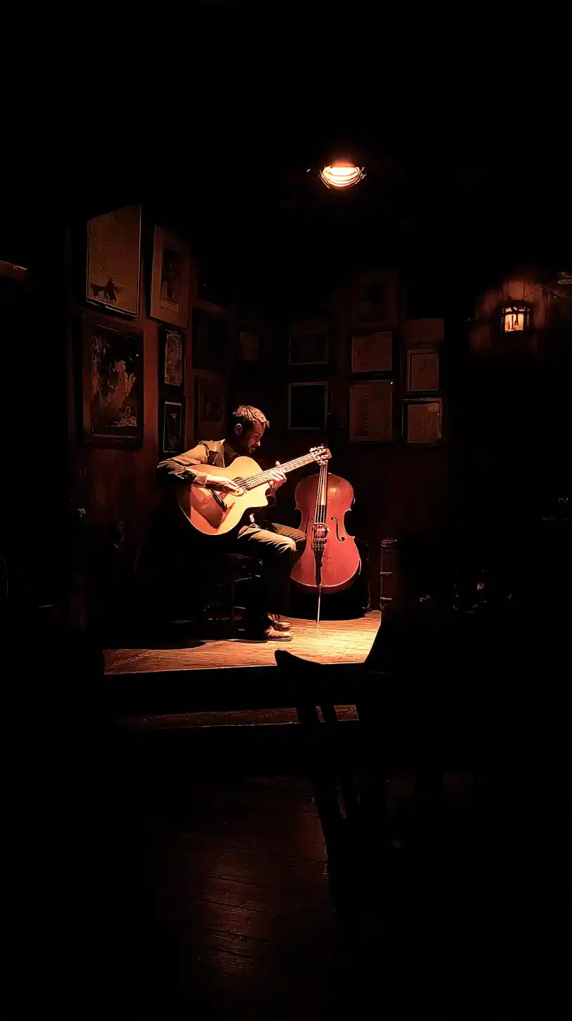 Musicista solista sul palco di un jazz club poco illuminato