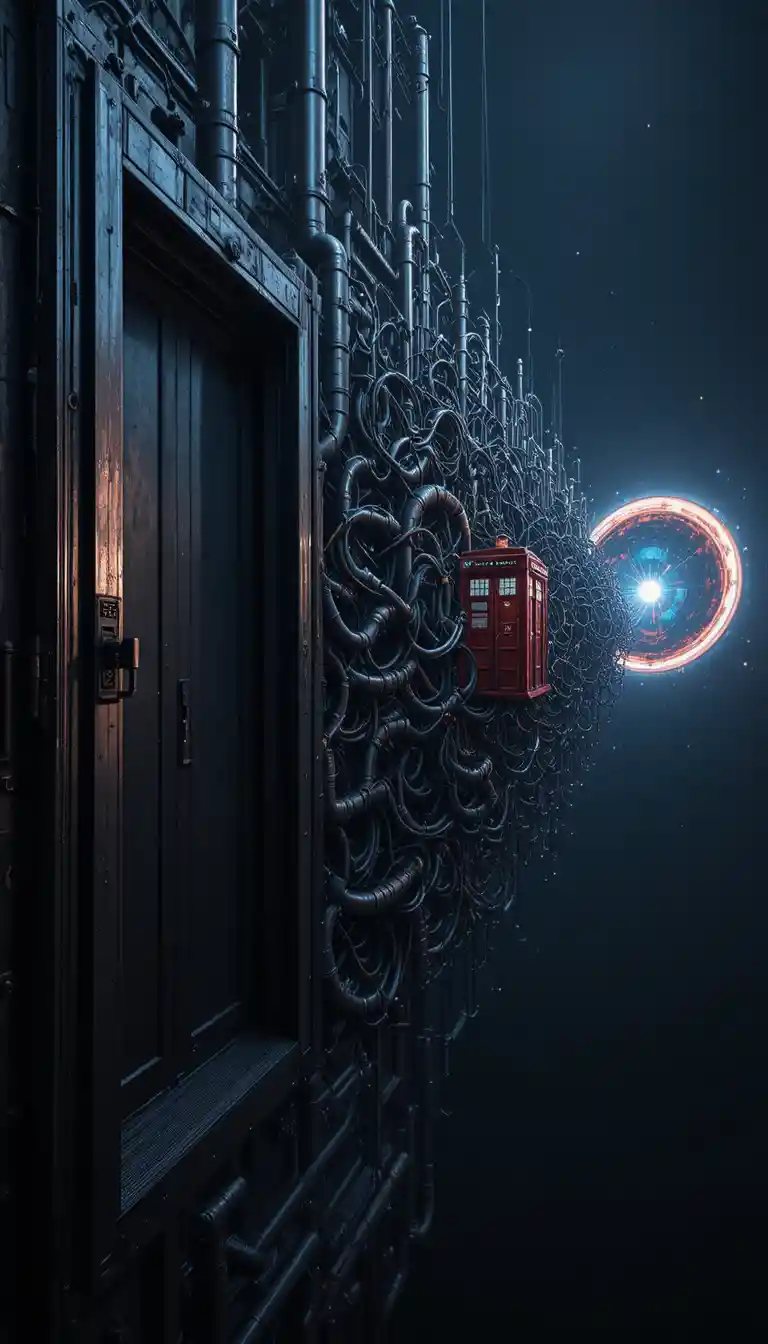 Industrial tube transport stretching toward a cosmic portal