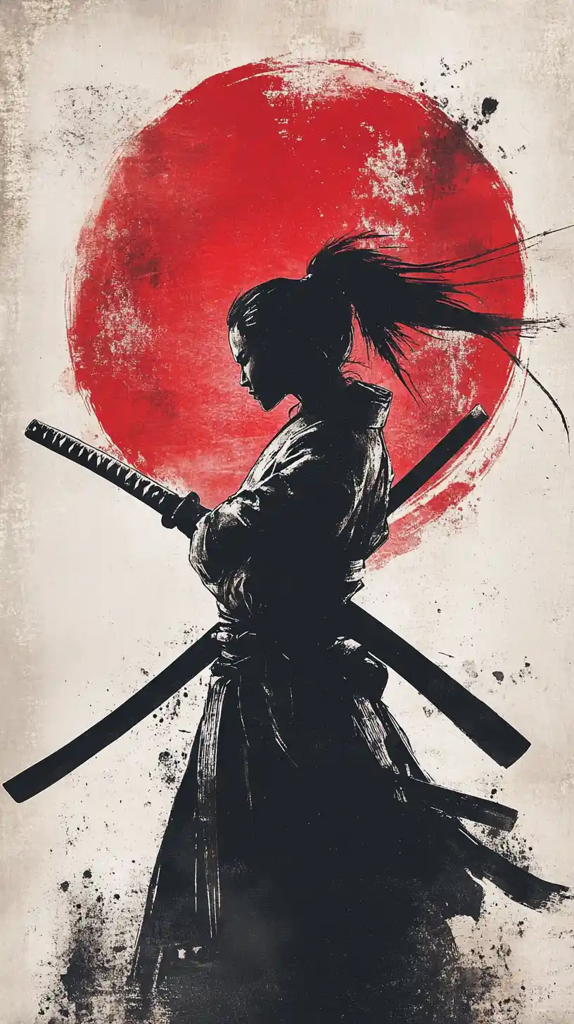 Female samurai silhouette raising katana before red sun