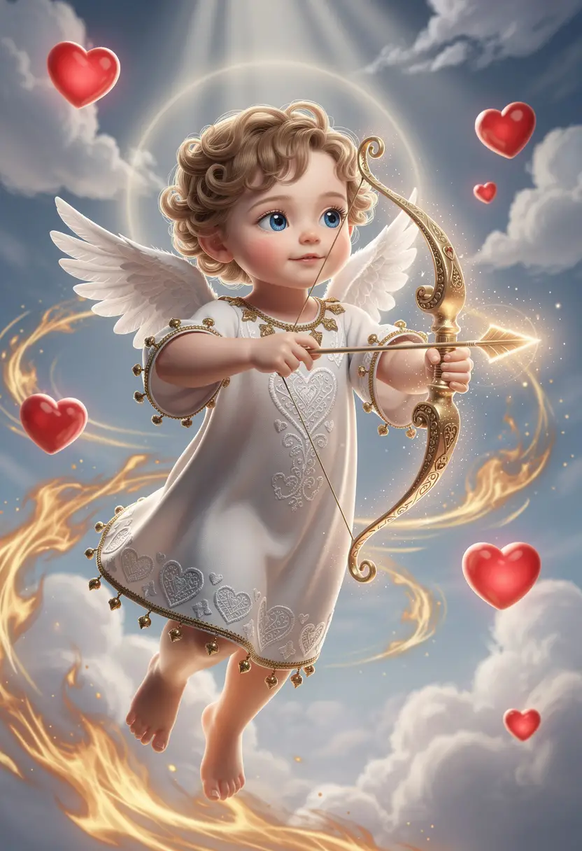 Winged cherub aiming a glowing bow in celestial clouds