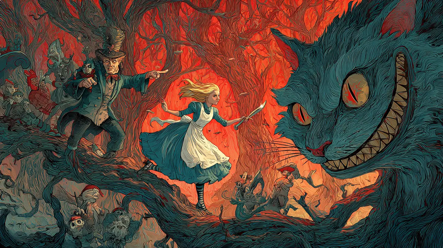 Alice Walking Alone Through A Dark Twisted Forest