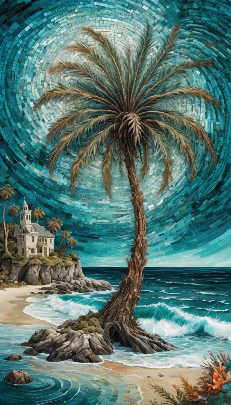 Surreal Palm Tree Spiraling Above A Tiny Tropical Isle
