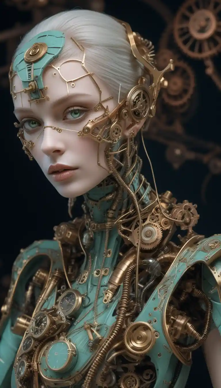 Elegant female android portrait with steampunk cybernetic details
