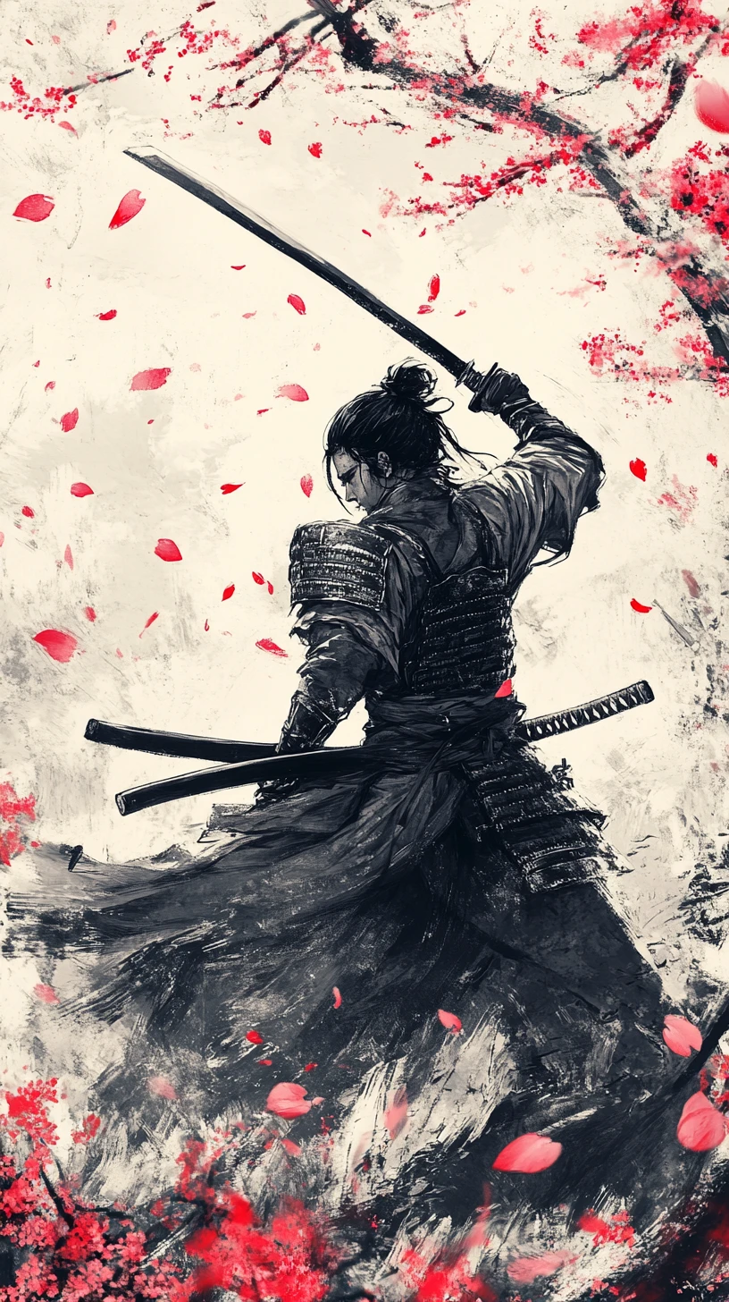 櫻花雨中高舉刀冥想的武士