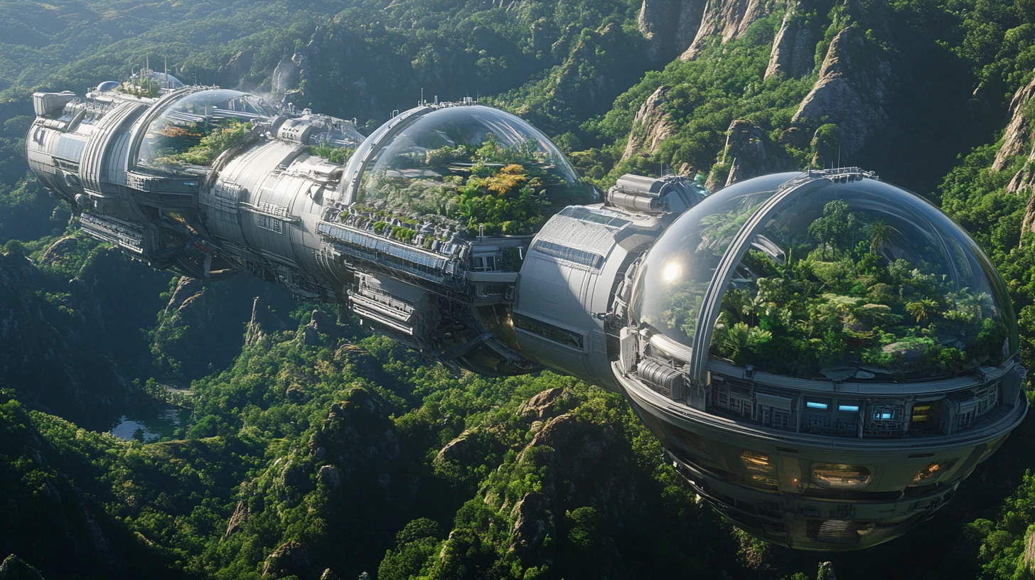 Vast ark spaceship carrying domed ecosystems in space