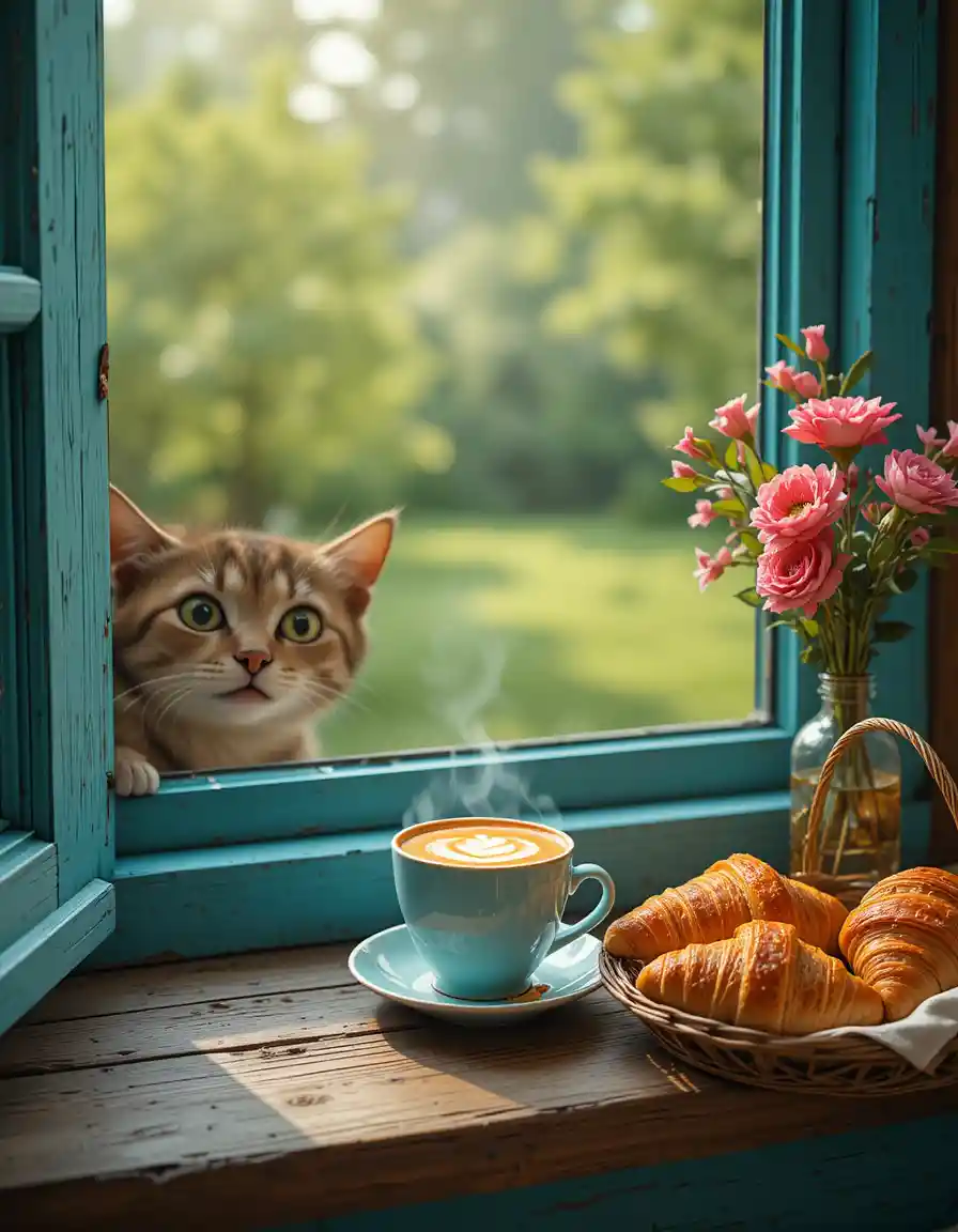 Cozy Breakfast With Coffee Croissants And Curious Tabby Cat