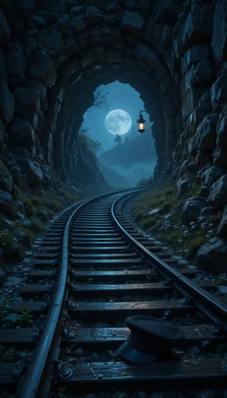 Einsame Eisenbahnkurve am Berghang im nebligen Mondlicht