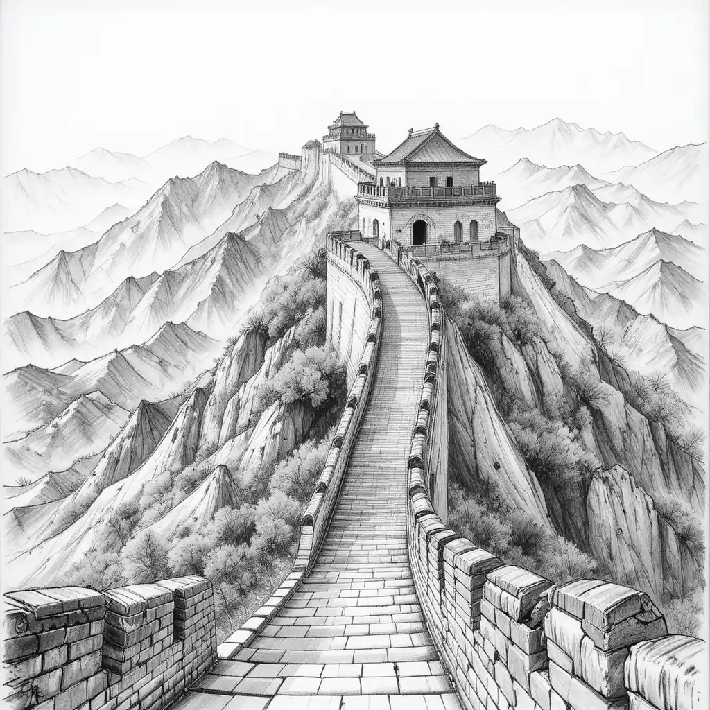 Graphite drawing of the Great Wall from a tower viewpoint
