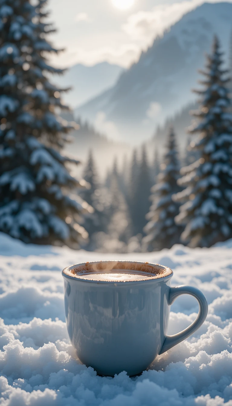 Dos tazas de café humeantes en montañas nevadas de invierno