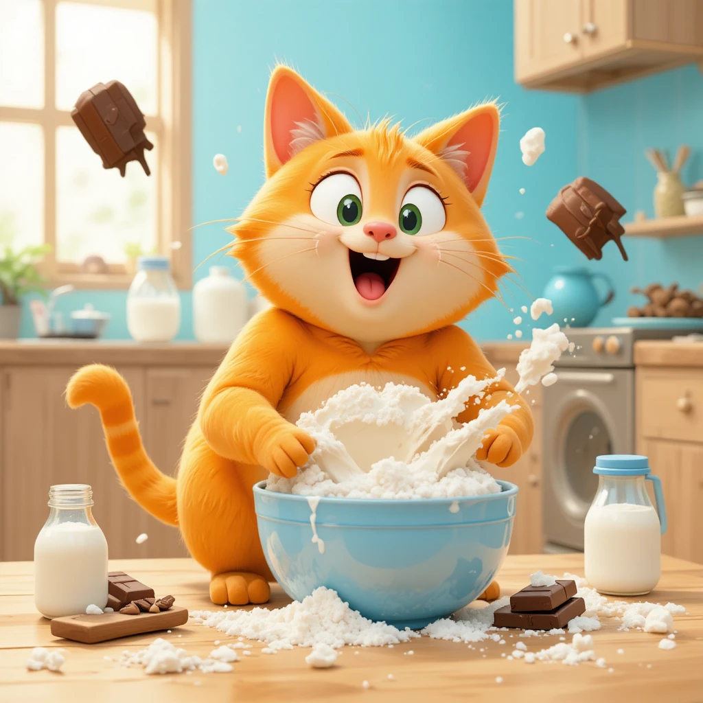 ふっくらオレンジの3D猫がキッチンで製菓材料を集める姿