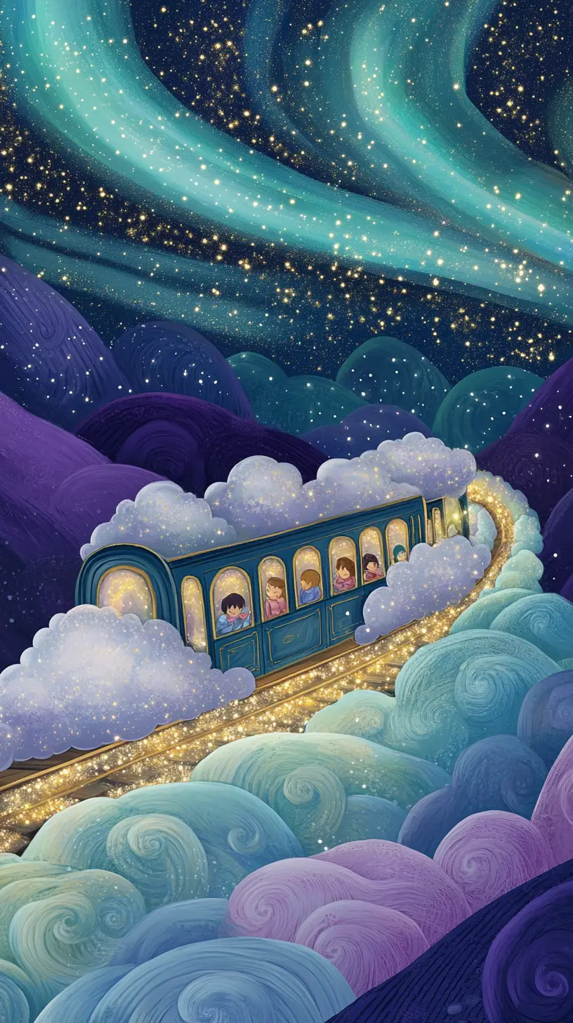 Magical cloud train drifting through the starry night sky