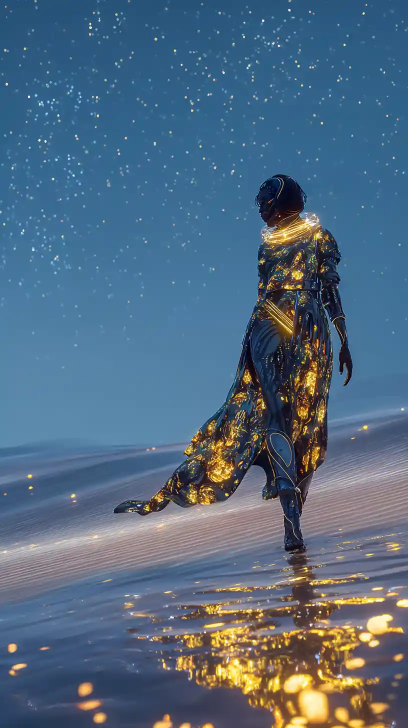 Afrofuturist empress walking across glowing black glass dunes