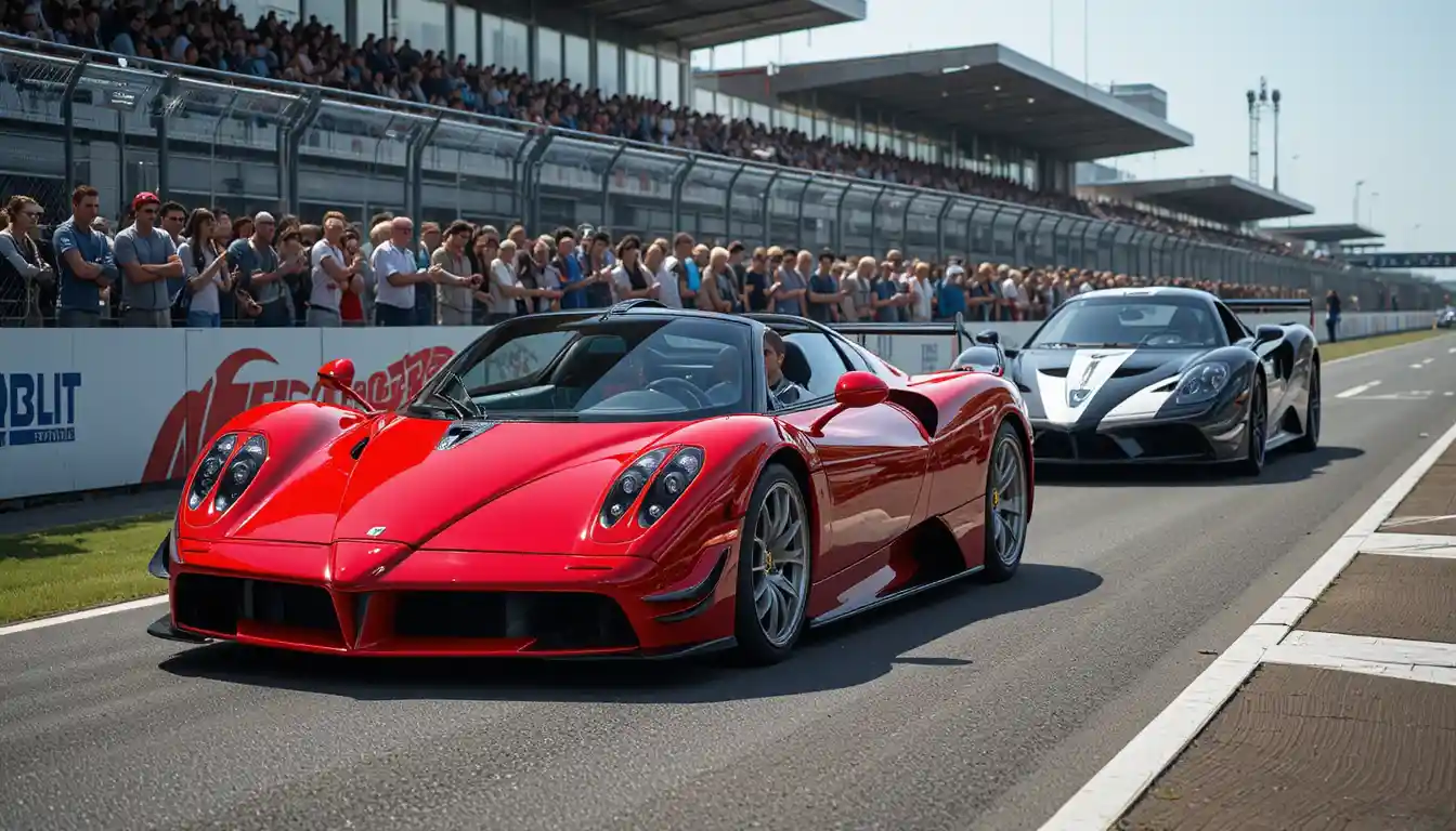 Roter Roadster mit Fahrer auf Rennstrecke bei hellem Tageslicht