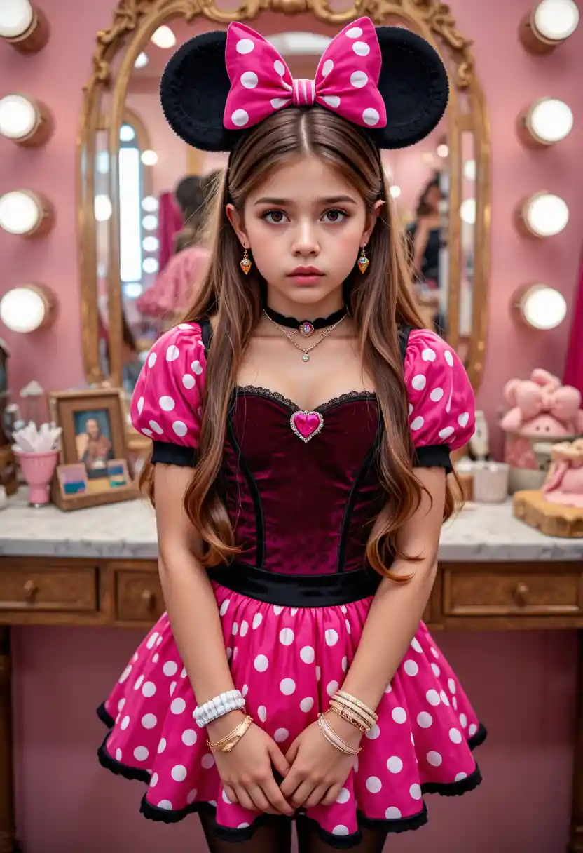 Niño preadolescente ansioso con disfraz de Minnie Mouse en tocador de boutique