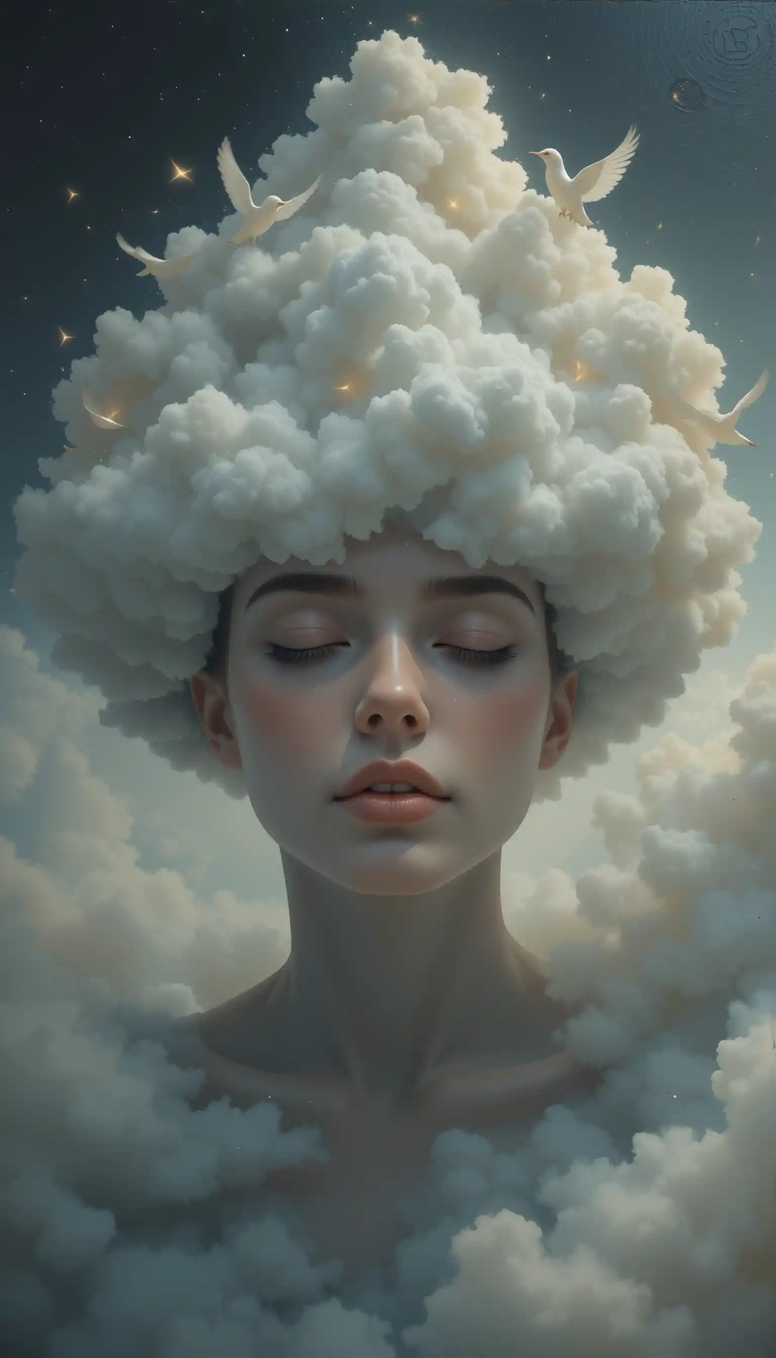 Surreales Porträt einer meditierenden Person mit Wolkenkopf