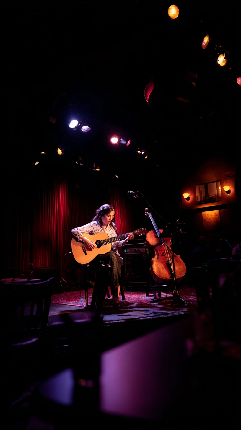 Musicista solista sul palco in un jazz club fumoso