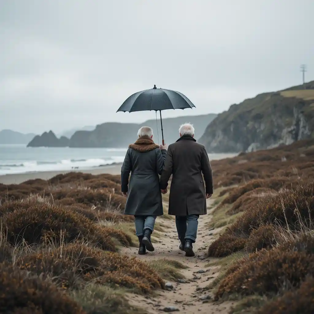 Elderly couple walking hand in hand on coastal heath