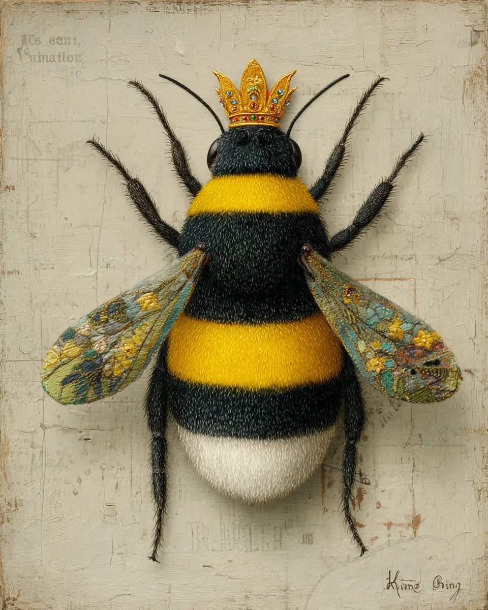 Whimsical mixed media collage of a royal bumblebee
