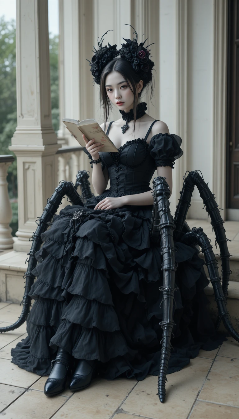 Gothic spider girl reading quietly on a terrace