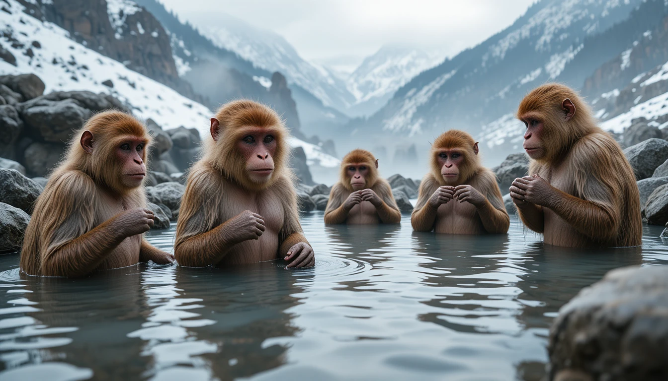 Macacos japoneses relajándose en una fuente termal de montaña nevada
