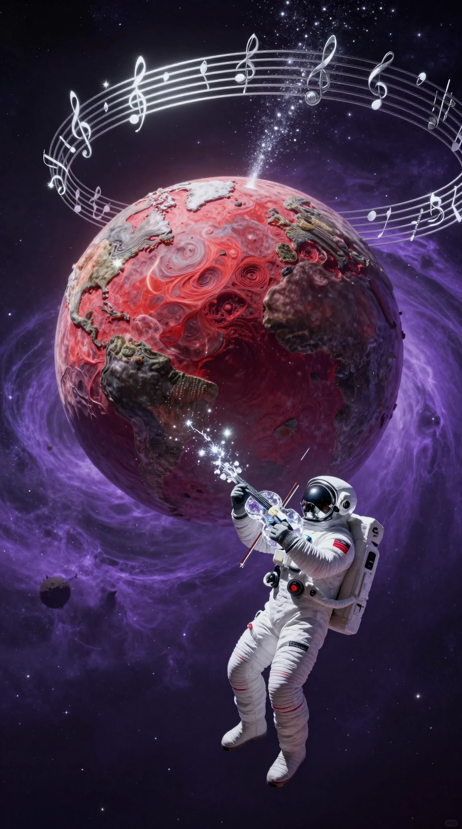 Astronaut Playing Violin Before A Crimson Fruit Planet