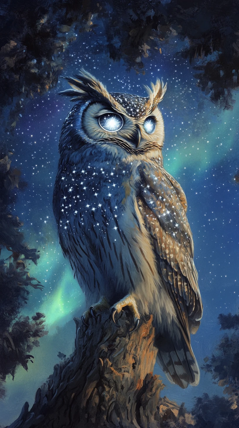 Owl With Mirror Eyes On Ancient Tree At Dusk