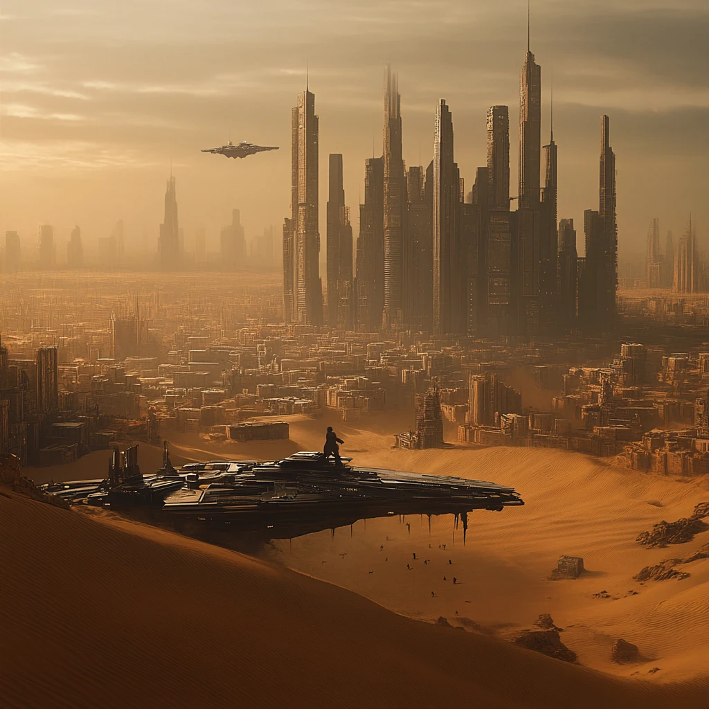 Uomo futuristico calvo in un campo di città desertica distopica