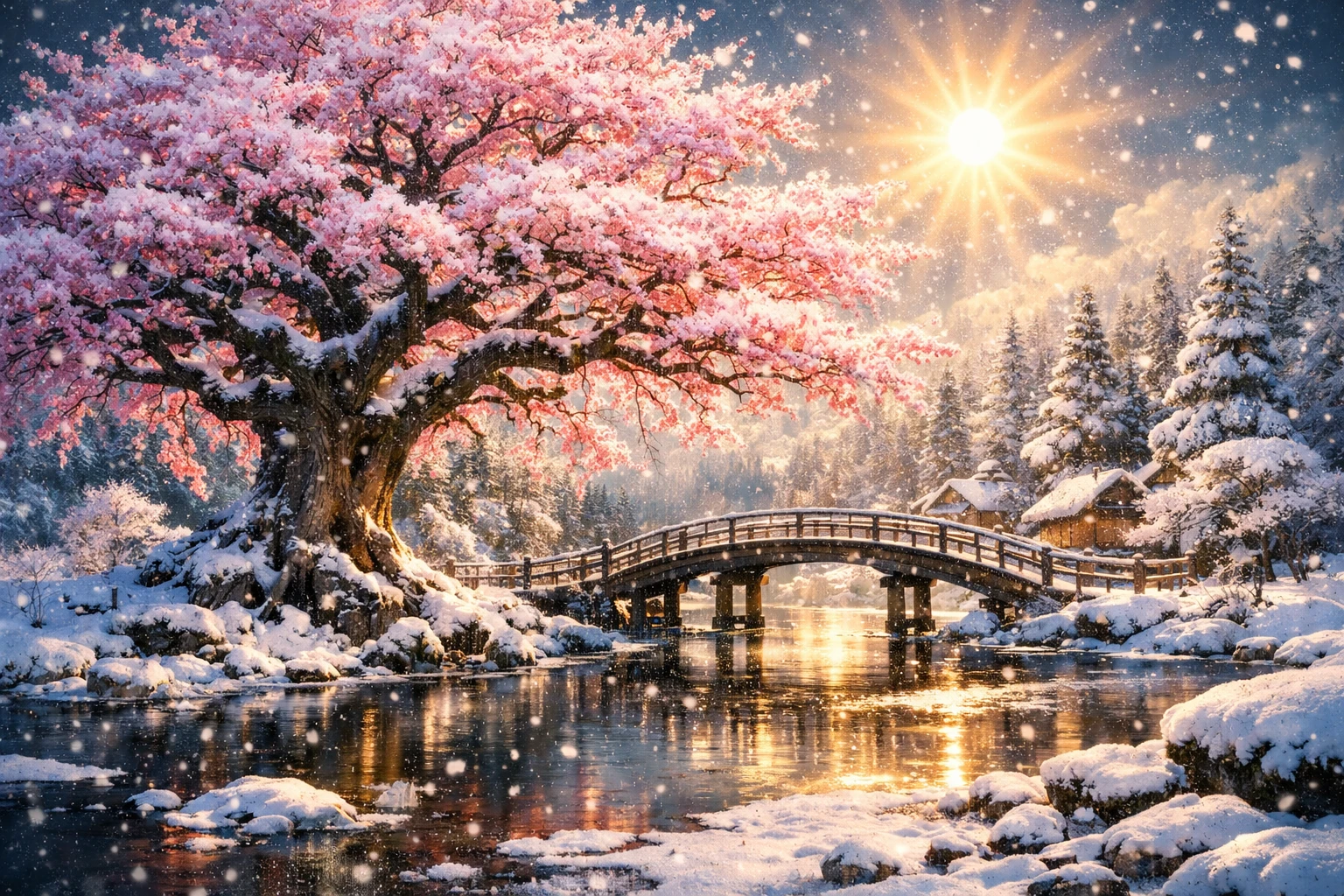 Majestuoso árbol de sakura junto a un lago congelado en la campiña japonesa
