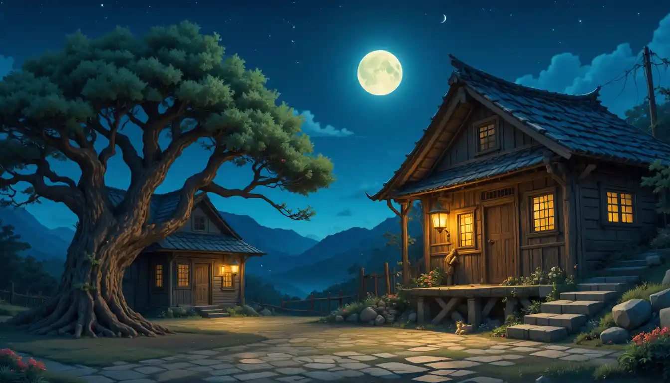 Tranquila aldea rural bajo la luna llena con casas iluminadas