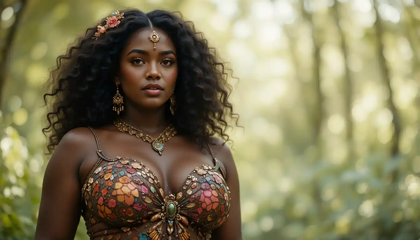 African warrior woman in sexy butterfly armor under stars