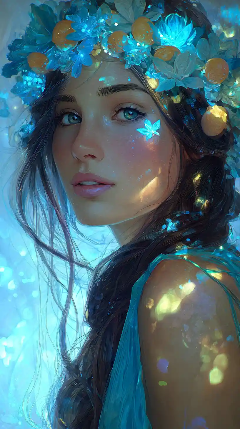 Fantasy woman with glowing blue flower crown and oranges
