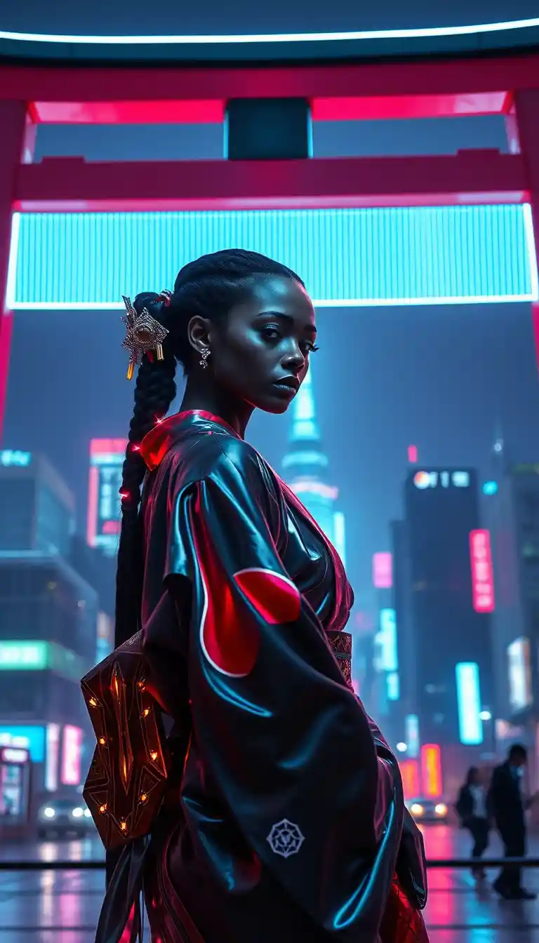 Afrofuturistic cyber geisha under holographic torii in Tokyo night