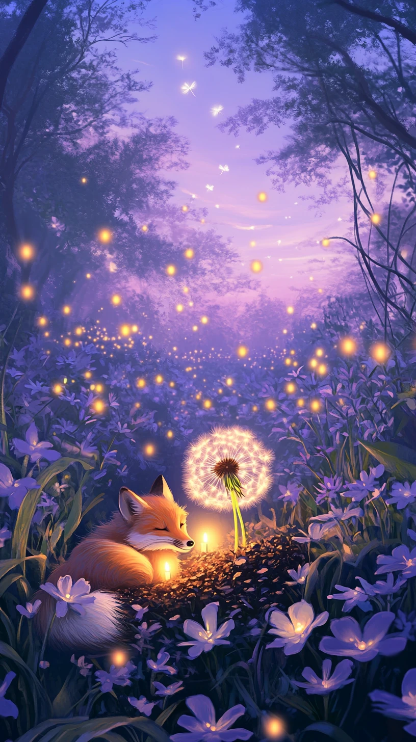 Enchanted garden at dusk with a sleeping fox