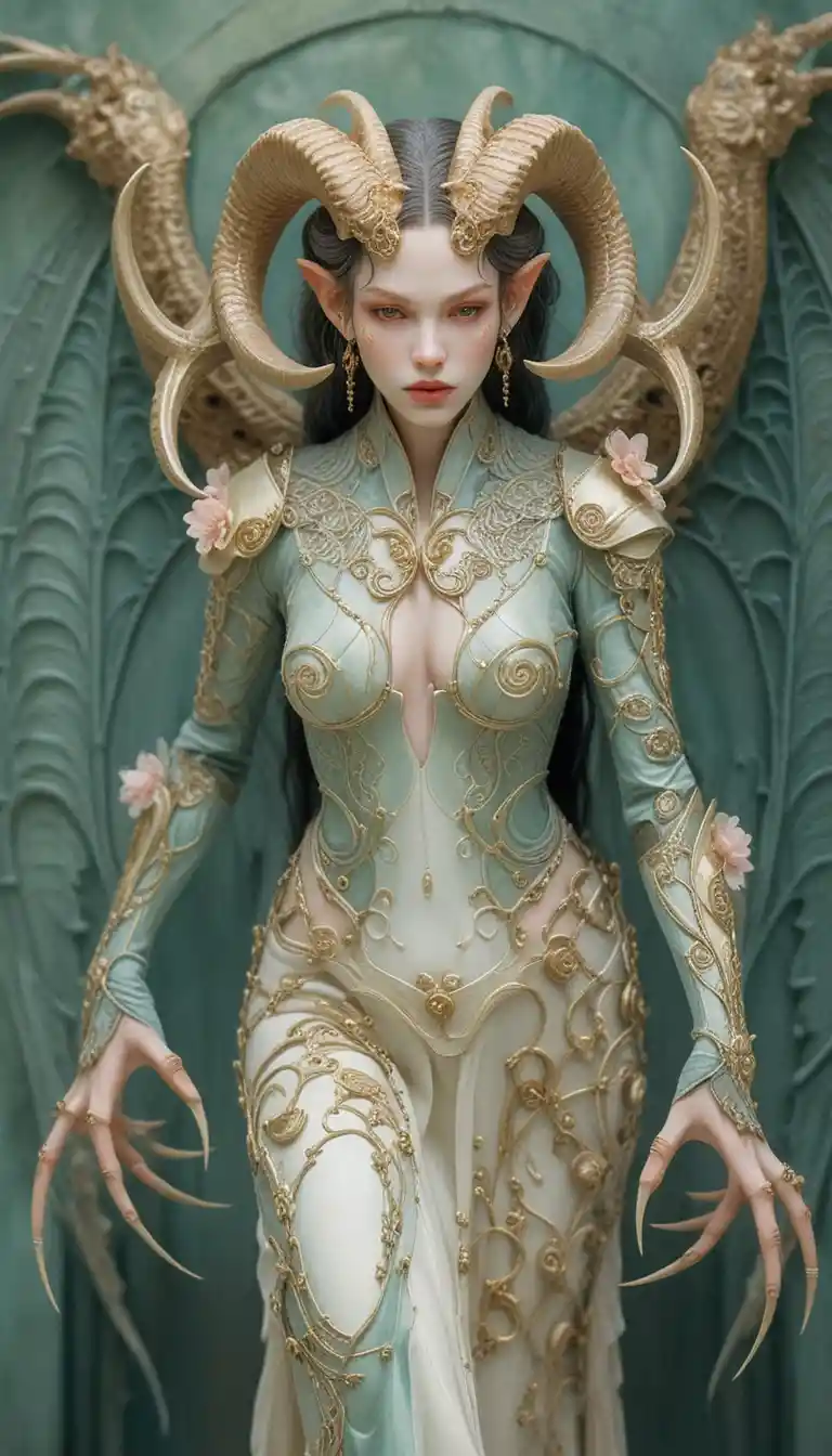 Ethereal elven woman with ram horns in ornate armor