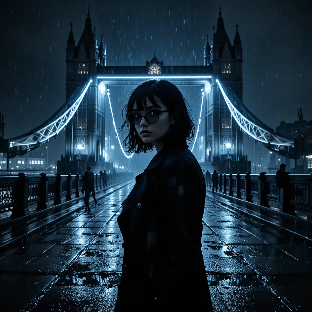 Femme fatale noir sotto le luci di un ponte cittadino bagnato dalla pioggia
