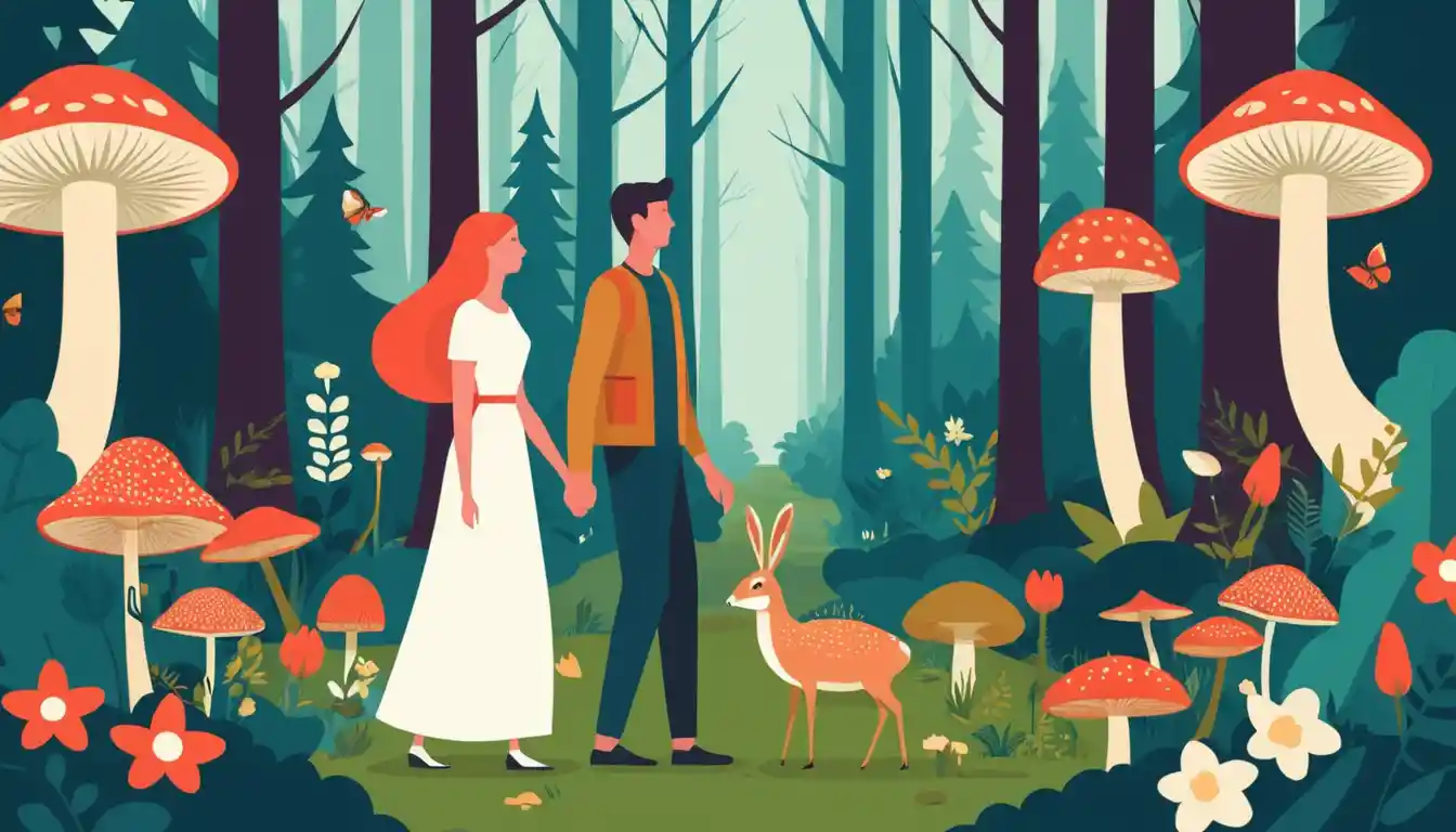 Pareja Recolectando Hongos en un Bosque de Flores Silvestres