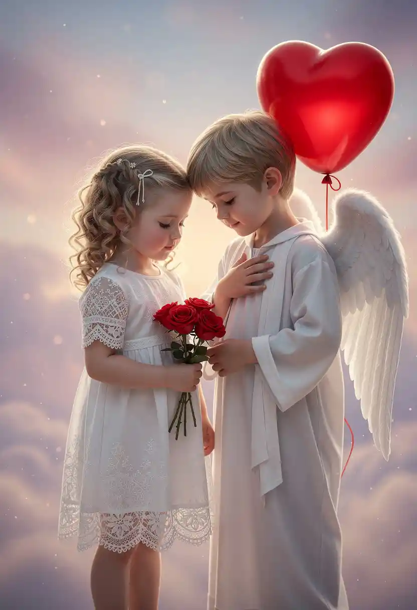 Young cupid boy and girl with heart balloon and roses
