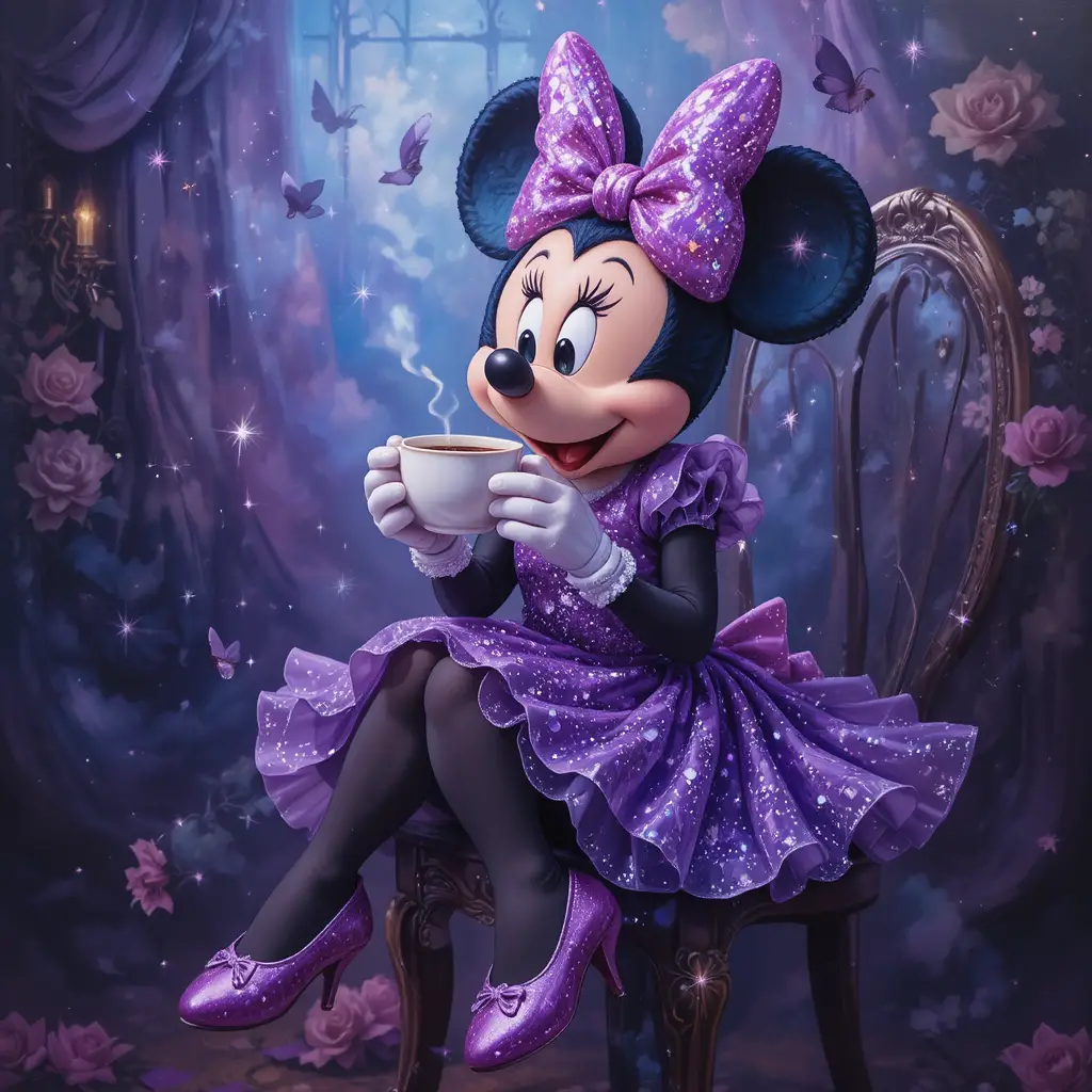 Cartoon mouse in purple dress sipping coffee on chair